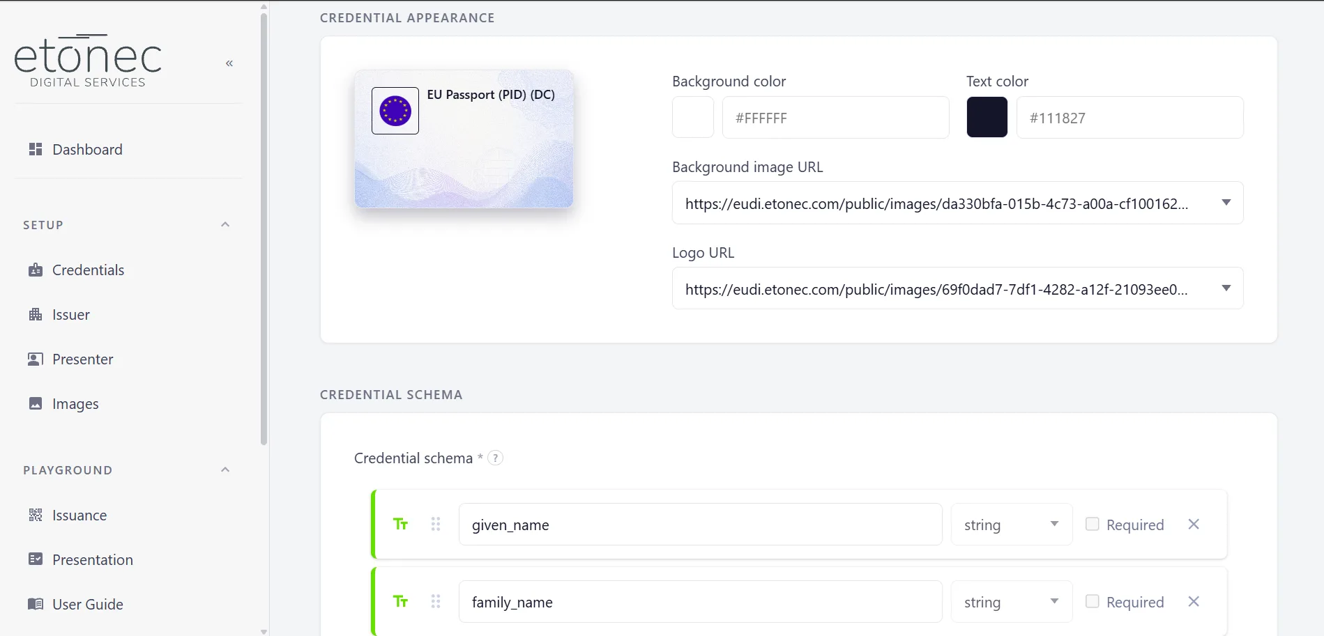 EUDI Sandbox dashboard: configuring the appearance and data schema of an EU PID credential