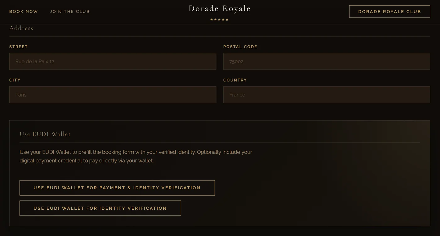Demo hotel booking form offering to prefill identity and pay with an EUDI Wallet