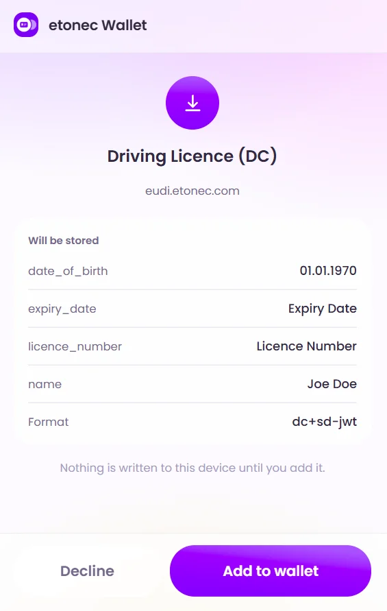 etonec Test Wallet: offer to add a driving licence credential
